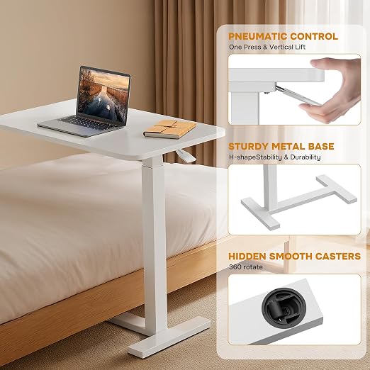 Overbed Bedside Table with Hidden Casters, Adjustable Pneumatic Mobile Laptop Computer Standing Desk, Rolling Laptop Table, Movable Overbed Table Hospital Home Use, White