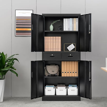 Wanfu Metal Storage Cabinet, 71" Locking Storage Cabinet with Adjustable Shelves and 2 Drawers, Steel Cabinets for Office, Garage, Home, School, Utility Room(Black)