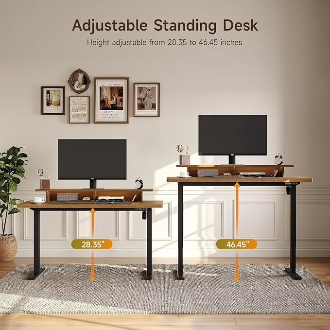 ONBRILL 55" Electric Standing Desk with 55" File Cabinet, Adjustable Height Home Office Furniture Set with Monitor Stand and 3 Drawers, Executive Workstationfor Home Office, Oak Brown