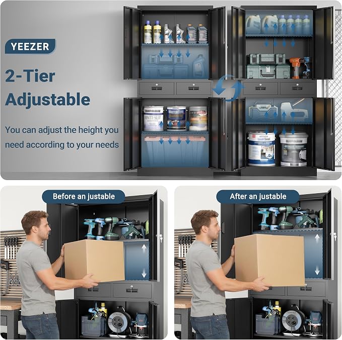 71" H Tall Metal Storage Cabinet with 2 Drawers, Metal Garage Storage Cabinet with Lock and 2 Adjustable Shelves for Home, Office, Garage, Warehouse Organize, Black