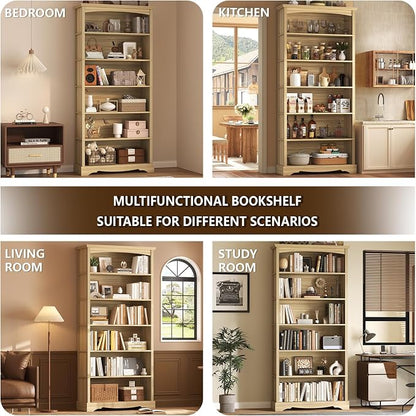 TVU 6-Tier Wooden Bookshelf, 76 Inch Tall Bookshelf with Storage, Floor Standing Modern Style Display Bookcase for Living Room, Office, Study Room, Entryway, Natural Wood Color