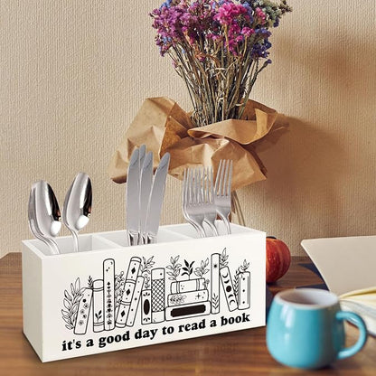 Bookmark Holder Decor Wooden Pen Pencil Holder for Desk, Book Club Gifts It's a Good Day to Read a Book Wood Makeup Brush Toothbrush Holder Organizer for Reading Corner Bedroom