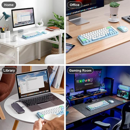 FOPETT Wireless Keyboard and Mouse Cute Mouse and Keyboard 2.4G Wireless Keyboards with Colorful 68 Keys Typewriter Retro Round Keycap for PC, Laptop,Tablet,Computer Windows - Blue Colorful