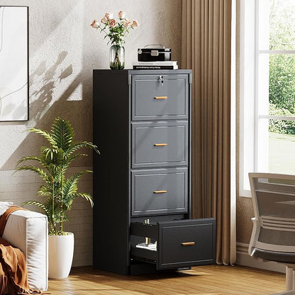 Tribesigns 4-Drawer File Cabinet with Lock, Locked File Cabinet with Key, Tall Wooden Filing Cabinets for Home Office, Vertical Office Storage for Legal Size/Letter/A4/Files, Black