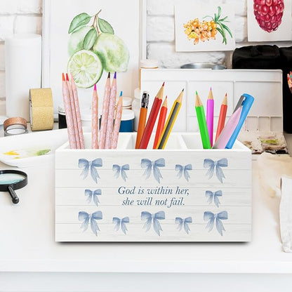 Blue Coquette Bow Christian Pen Pencil Holder Organizer for Desk, Preppy Desk Decor, Christian Gifts for Women, Bible Verse Wooden Box Sign for Girly Room Bedroom Dorm Tabletop Decorations