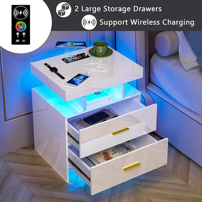 HNEBC Auto LED Nightstand with Wireless Charging Station & USB Ports,High Gloss Bedside Tables with 2 Drawers,Floating Nightstand with 3 Color & Adjustable Brightness for Bedroom,White