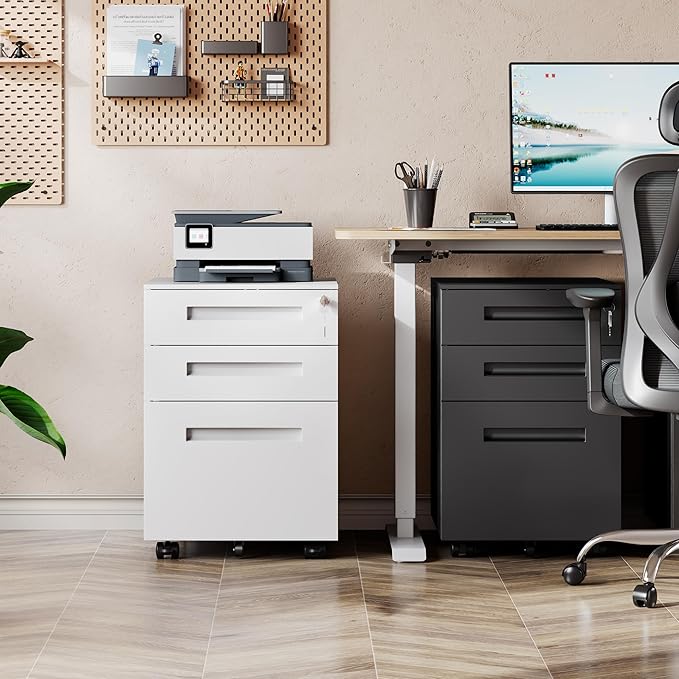 DEVAISE 3 Drawer File Cabinet with Lock, Under Desk Metal Filing Cabinet with Wheels for Home Office, Fits Letter/Legal/A4 Size, Fully Assembled Except Casters, White