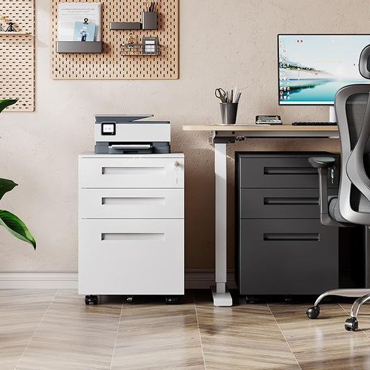 DEVAISE 3 Drawer File Cabinet with Lock, Under Desk Metal Filing Cabinet with Wheels for Home Office, Fits Letter/Legal/A4 Size, Fully Assembled Except Casters, White