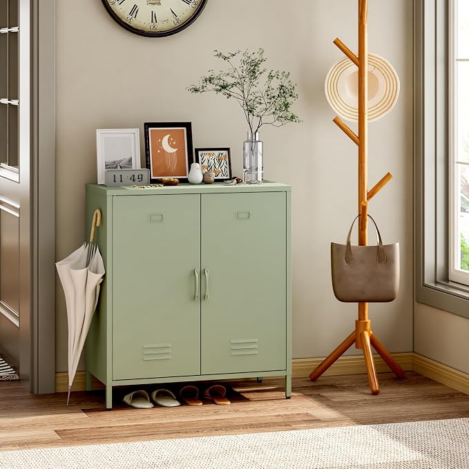 Steehoom Metal Cabinet with 2 Door, Metal Locker Storage Cabinet with Adjustable Shelves Accent Cabinet for Garage, Entryway, Office, School, Employees (Green, H35.43'')