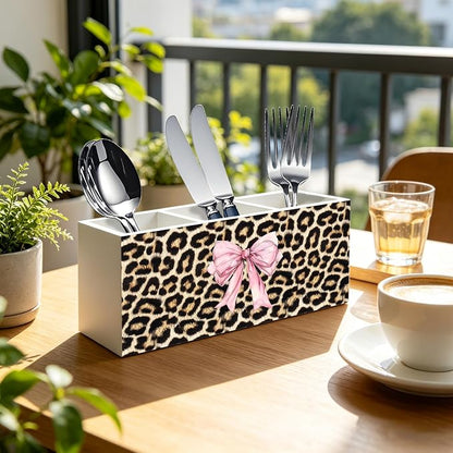 Coquette Pink Bow Cheetah Print Makeup Brush Toothbrush Holder for Girly Bathroom Dorm Vanity, Pink and Cheetah Print Wood Signs Pen Pencil Holder Organizer Desk Accessories