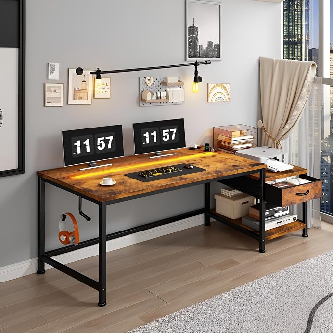 DurayLoly 56" Computer Desk with Printer Shelf & Power Outlets – Reversible Gaming Desk with LED Lights, Drawer & Headphone Hook for Teen Bedroom, Dorm, Home Office, Rustic Brown