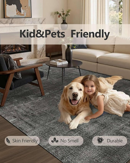 Latte&Fog 5x7 Area Rugs for Living Room Bedroom, Black Modern Abstract Neutral Washable Rug, Boho Non Slip Low Pile Carpet for Dining Room, Dorm, Classroom,College Dorm,Farmhouse and Kids Room - Black