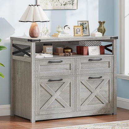 Vabches Farmhouse 4 Drawer File Cabinet with Open Storage Shelf, Lateral Filing Cabinet Fits Letter/A4/ Size, Home Office Filing Organizer, Document Storage Printer Stand for Office and Home. Grey