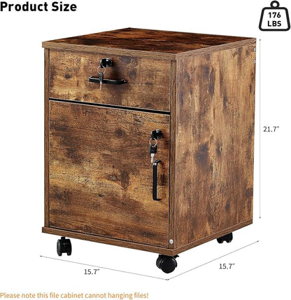 OFCASA 2 Drawer File Cabinet with Lock, Small Rolling Filing Cabinets for Home Office, Wood Under Desk File Cabinet with Wheels, Mobile Storage Organizer, Printer Stand for Letter/Legal, Rustic Brown