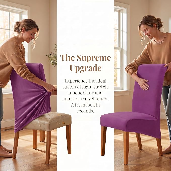 Deisy Dee Stretch XL/Oversized Extra Large Velvet Dining Room Chair Covers for Kitchen Dining，Removable Washable Chair Protectors Slipcovers (Purple, 4)