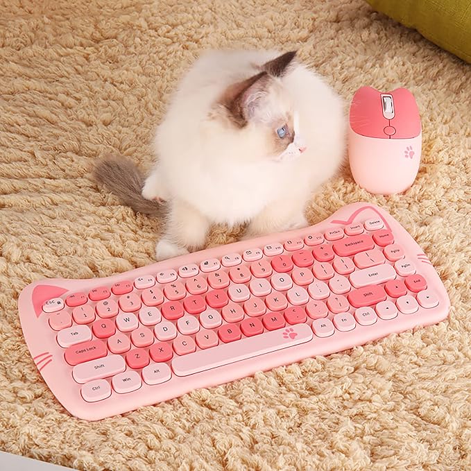 Cute Cat 2.4G USB Wireless Keyboard and Mouse Combo, Silent Keys, Candy Colors, Compatible with Notebook, PC (Pink-84Keys)