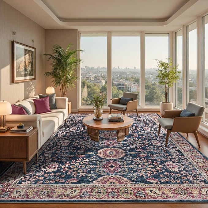 Goideal Washable Rug 8x10, Vintage Area Rugs Non Slip, Indoor Low Pile Carpet with Rubber Backing for Living Room Kitchen Bathroom Entryway Office Bedroom,Deep Navy & Terracotta
