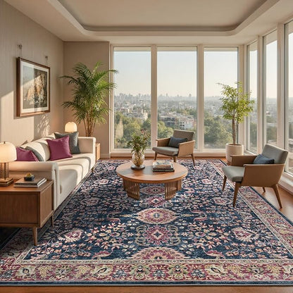 Goideal Washable Rug 6x9, Vintage Area Rugs Non Slip, Indoor Low Pile Carpet with Rubber Backing for Living Room Kitchen Bathroom Entryway Office Bedroom,Deep Navy & Terracotta