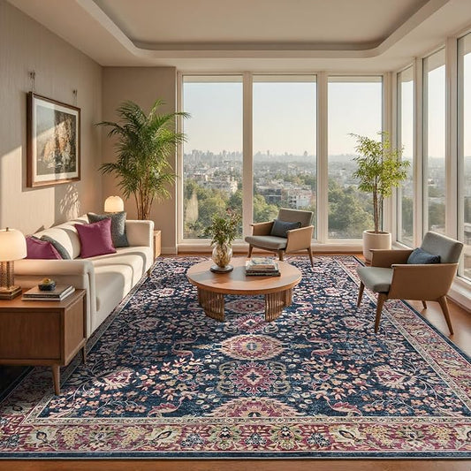 Goideal Washable Rug 6x9, Vintage Area Rugs Non Slip, Indoor Low Pile Carpet with Rubber Backing for Living Room Kitchen Bathroom Entryway Office Bedroom,Deep Navy & Terracotta