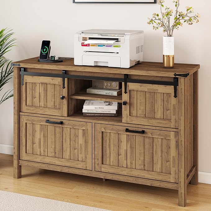 2 Drawer Lateral File Cabinet with Outlets & Charging Station for Files Letter/FC/A4, Farmhouse Filing Cabinets for Home Office Storage, Wooden Print Stand, 46.4" Wide, Rustic Brown