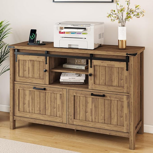 2 Drawer Lateral File Cabinet with Outlets & Charging Station for Files Letter/FC/A4, Farmhouse Filing Cabinets for Home Office Storage, Wooden Print Stand, 46.4" Wide, Rustic Brown