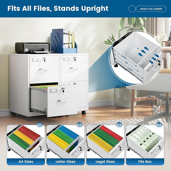 PEUKC 2 Drawers Mobile File Cabinet with Lock, Under Desk Rolling File Cabinet for Home Office, Organizes Letter Legal A4 Files, White(Assembly Required)
