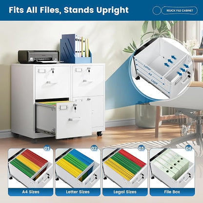 PEUKC 2 Drawers Mobile File Cabinet with Lock, Under Desk Rolling File Cabinet for Home Office, Organizes Letter Legal A4 Files, White(Assembly Required)