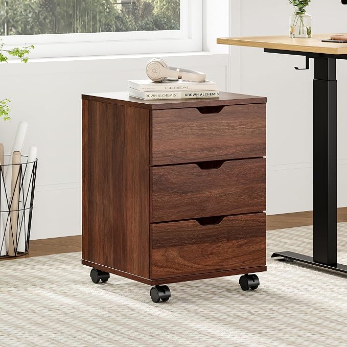Farini 3-Drawer Under Desk Wooden File Storage Cabinet with Lockable Caster for Home Office,Brown,Fully Assembly