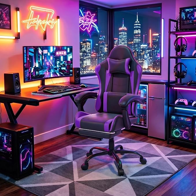 Gaming Chair, Ergonomic Computer Chairs with Arms, Lumbar Support, Footrest, Headrest 360°Swivel Chair, Adjustable Back and Height, Leather PC Chairs for Gaming, Study, Office, Black/Purple