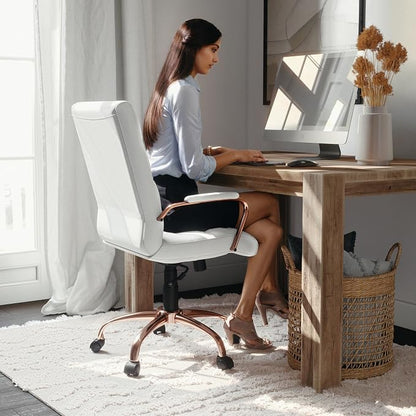 Flash Furniture Whitney Mid-Back Swivel LeatherSoft Desk Chair with Padded Seat and Armrests, Adjustable Height Padded LeatherSoft Office Chair, White/Rose Gold