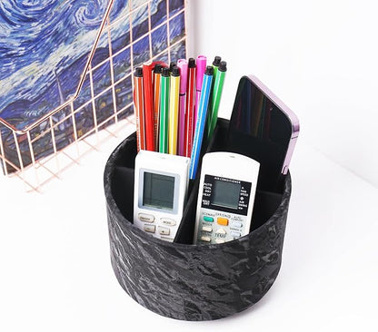Round Leather Art Supply Organizer,Remote Control Holder,360 Degree Spinning,Multi-Functional Pencil Holder,4 Compartments Desktop Stationary Organizer(1-Hill Black)