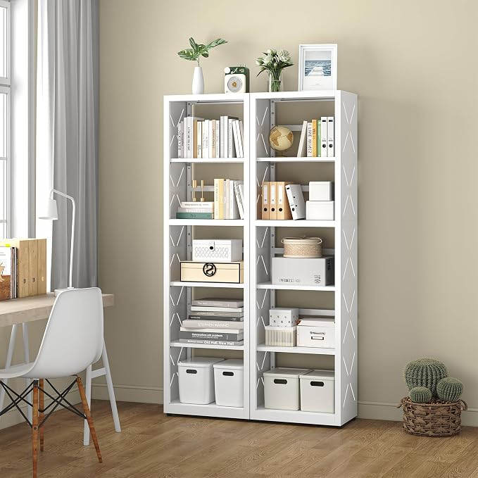 UNICOLY Bookshelves and Bookcases, 5 Tier Metal Bookshelf with Adjustable Shelves and Bookends, Open Shelf Bookcase, Display Shelves for Home Decor Bedroom, Living Room, Home Office, White