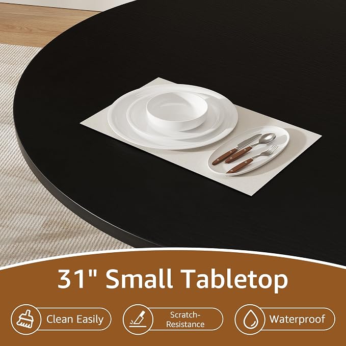 31.5 inch Round Dining Table for 2, Small Dinner Table with 2-Layer Storage Shelf, Morden Circle Kitchen Table with Wood Strip Base and Slide Door for Home Dining Room, Living Room, Black