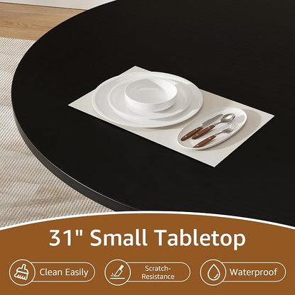 31.5 inch Round Dining Table for 2, Small Dinner Table with 2-Layer Storage Shelf, Morden Circle Kitchen Table with Wood Strip Base and Slide Door for Home Dining Room, Living Room, Black