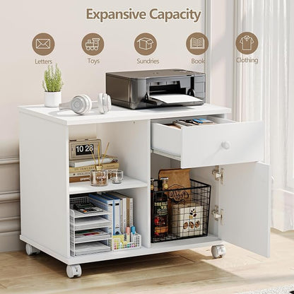 Quikraen Rolling File Cabinet with Doors | Adjustable Shelves Under Desk Storage Cabinet for Office Supplies Mobile Filing Cabinet White