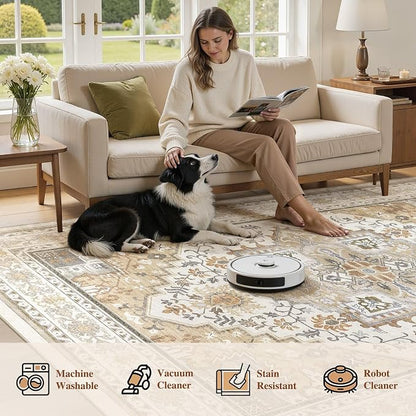 UERMEI 6x9 Area Rug for Living Room - Washable Vintage Carpet, Non-Slip Soft Large Indoor Floor Rugs for Bedroom Home Office & Under Dining Table Decor, Brown Beige