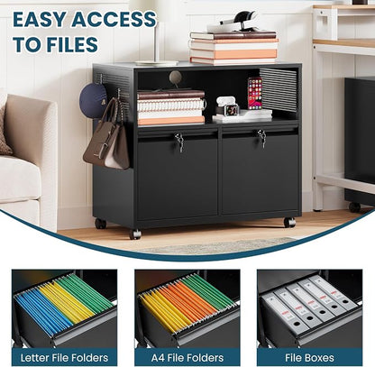 MIIIKO File Cabinet with Storage 2 Drawers, Rolling File Cabinet for Home Office, Metal Black 2 Drawers Storage with Shelf, for Printer, Letter A4 File Organizer