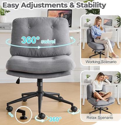 VINGLI Criss Cross Cloud Seat,Comfy Corduroy Cross Legged Office Desk Chair with/no Wheels,Cute Vanity Stool, Adjustable Wide Seat,Modern Swivel Perch for Study, Make Up, Home Office，Grey