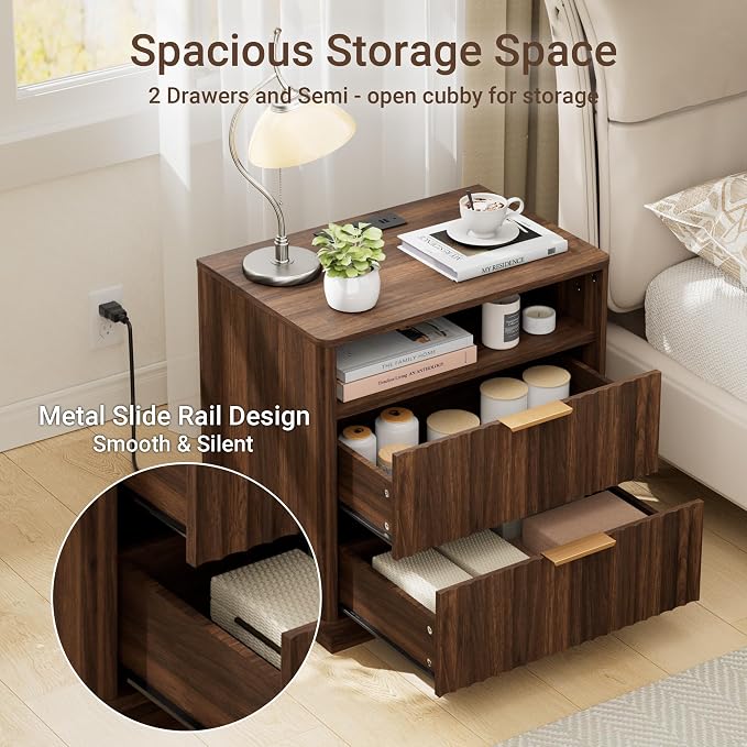 Fluted Nightstand, Night Stand Set 2, 23" Wide Walnut Nightstands Set of 2 with Charging Station, 2 Drawers Wooden End Table w/Storage, Large Modern Bedside Table for Bedroom,Curved Corners