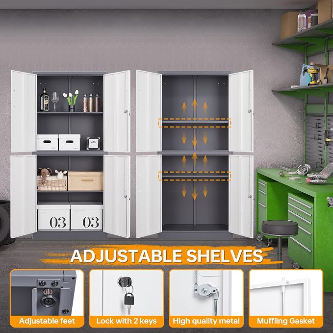 STANI Metal Storage Cabinet, Locking Steel Cabinet with 4 Doors and 2 Adjustable Shelves, 71" Tall Steel Cabinet for Home Office, Garage, School (Grey+White)