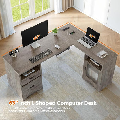 Bestier Farmhouse L Shaped Desk with Drawers, 63" x 47" Office Computer Desk with Charging Station & Fluted Storage Cabinet, Corner Desk with File Drawers, Modesty Panel for Home Office, Grey