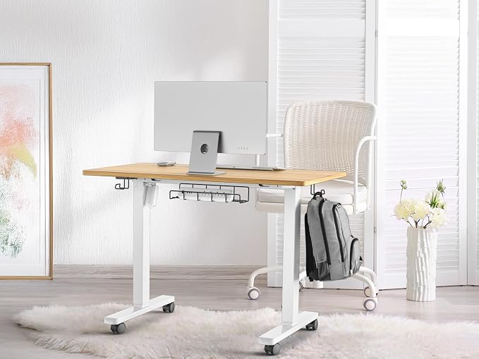 SHW 40-Inch Mobile Electric Height Adjustable Sit to Stand Desk with Drawer, Hanging Hooks and Cable Management, Oak