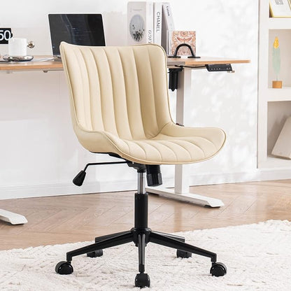 YOUNIKE Ergonomic Home Office Desk Chair with Wheels Comfy Armless Vanity Chair with Adjustable Back Modern Leather Upholstered Swivel Computer Chair Small Cute Rolling Task Chair for Women Beige