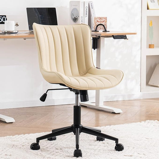 YOUNIKE Ergonomic Home Office Desk Chair with Wheels Comfy Armless Vanity Chair with Adjustable Back Modern Leather Upholstered Swivel Computer Chair Small Cute Rolling Task Chair for Women Beige