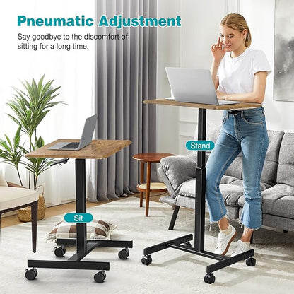 DUMOS Small Standing Desk Mobile Portable Rolling Laptop PC Table on Wheels Adjustable Height Computer Workstation for Home Office Small Space, 19 Inch, Modern Brown
