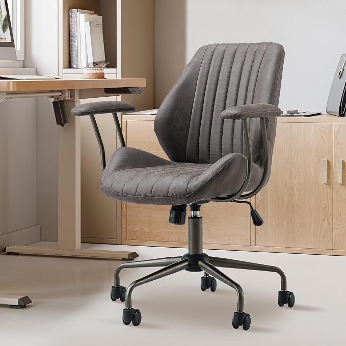 Mid Back Office Chair Mid Century Modern Executive Chair,Lumbar Support Ergonomic Home Office Desk Chair,Rolling Swivel Task Chair Task Chair Armrests Height Adjustable,350lbs (Gray)
