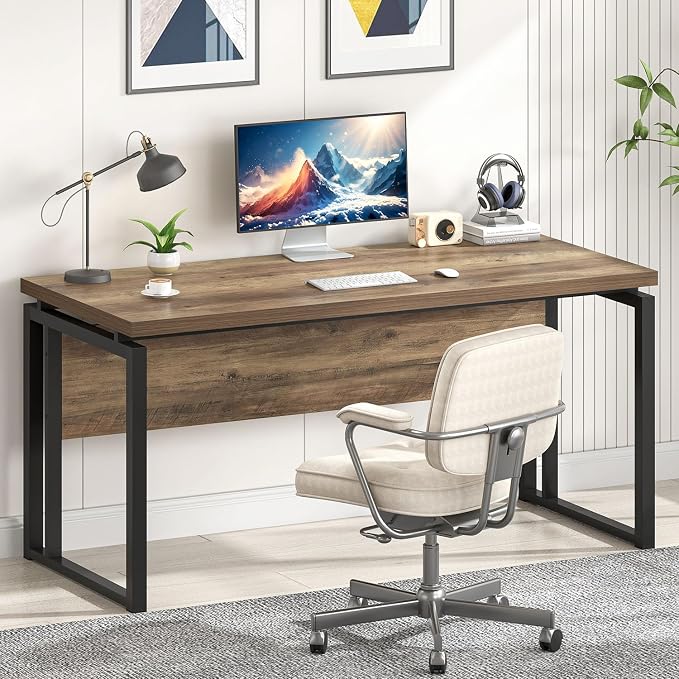 EXCEFUR Modern Computer Desk for Home Office, PC Laptop Gaming Desk, Metal Wood Study Writing Table Workstations for Bedroom Living Room, 53 Inch, Rustic Oak