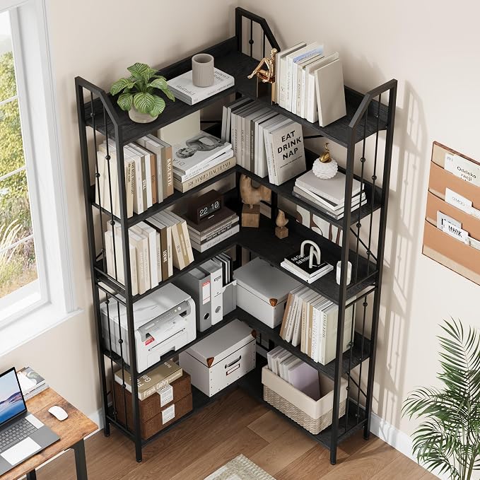 GarveeHome Corner Bookshelf 72" L Shaped Bookcase, Corner Bookshelves Industrial Bookcase 5 Tier L-Shape Bookshelf, Large Bookcases with Beaded Design Tall Display Rack Shelf for Living Room Bedroom