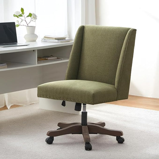 Zihanhome Upholstered Armless Office Chair with Wooden Legs, Modern Adjustable Home Office Desk Chair Computer Chair Swivel Chair for Home Office Study Studio (Green)