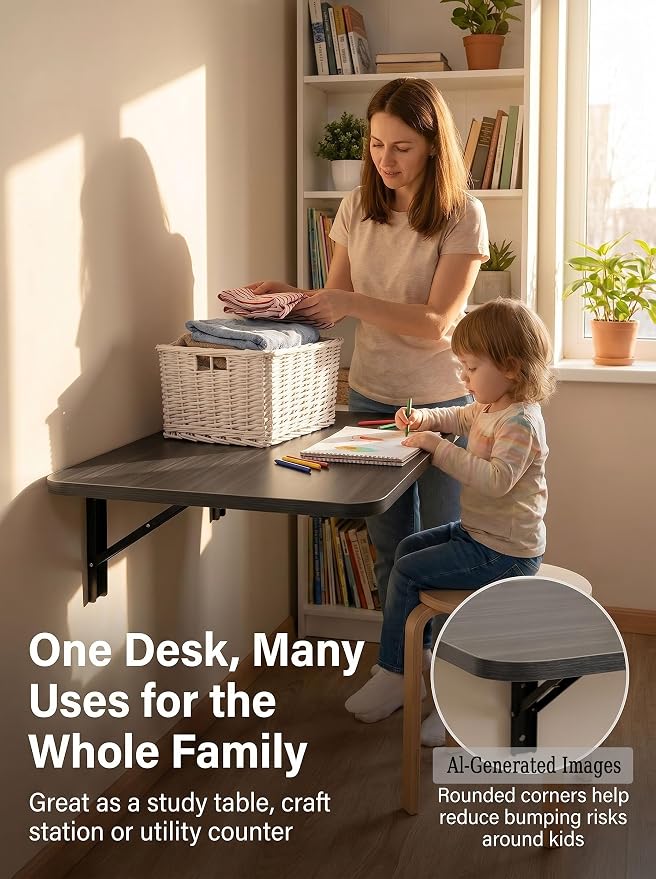 31" x 22.8" Wall Mounted Folding Desk, Floating Shelf Storage Table with Foldable Stand for Folding Tables for Balcony, Laundry, Kitchen, Home Office, Bedroom & Living Room (Grey)